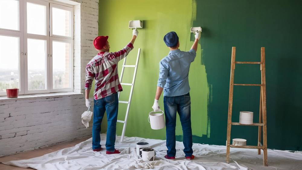 Painter rolling fresh paint onto an interior wall